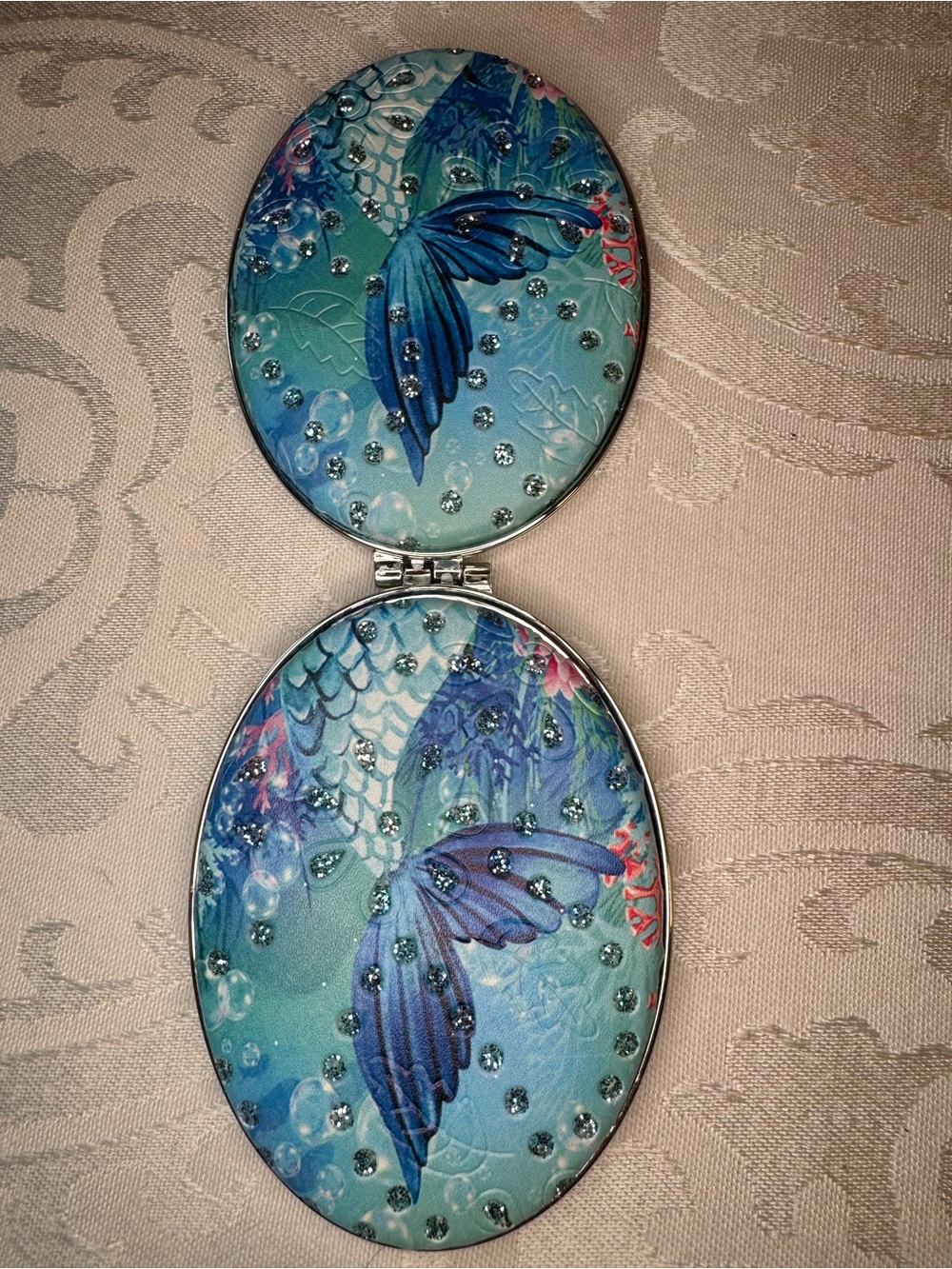 New Mermaid Tail Compact Mirror - Blue Aqua with Rhinestones
